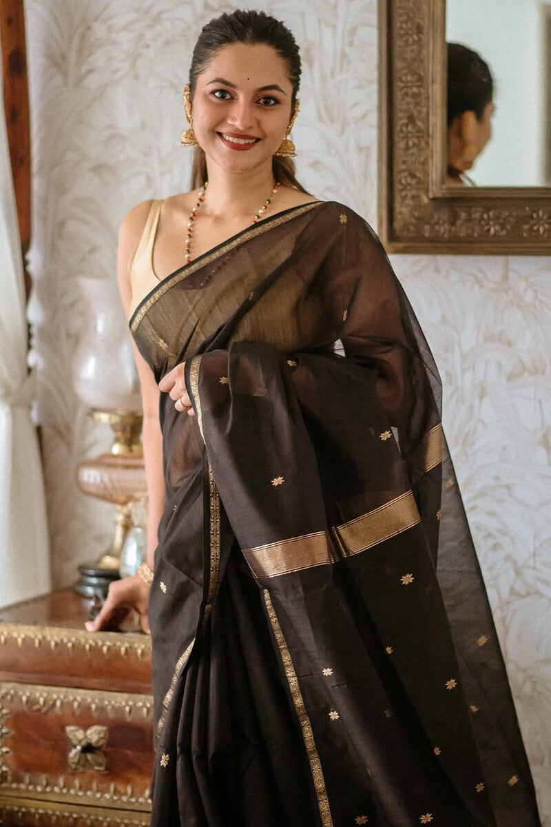 Impressive Black Cotton Silk Saree With An insanely Blouse Piece