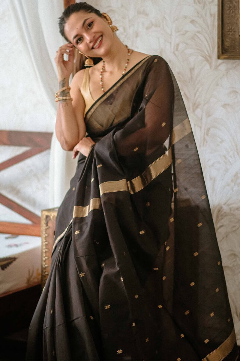 Impressive Black Cotton Silk Saree With An insanely Blouse Piece