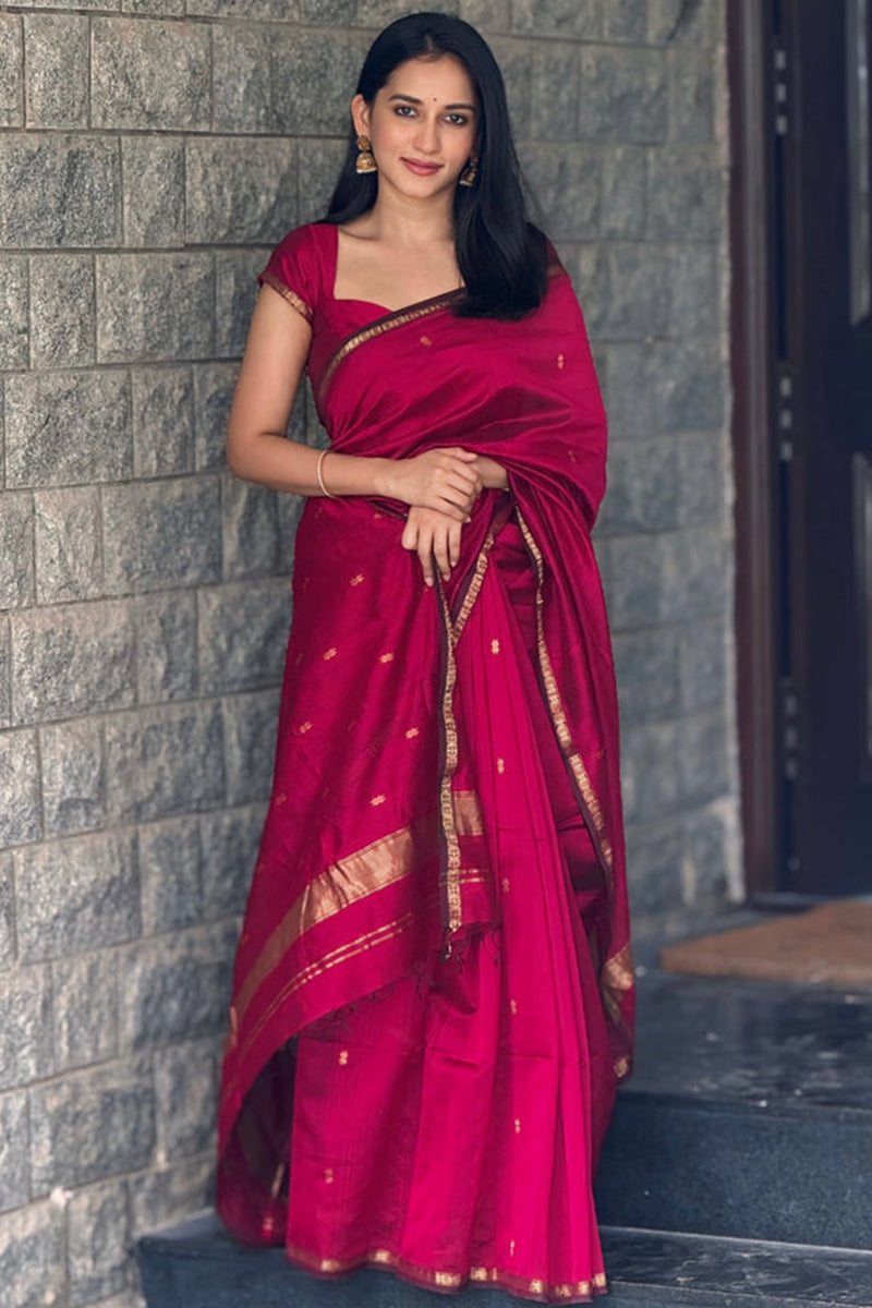 Delectable  Pink Cotton Silk Saree With Artistic Blouse Piece