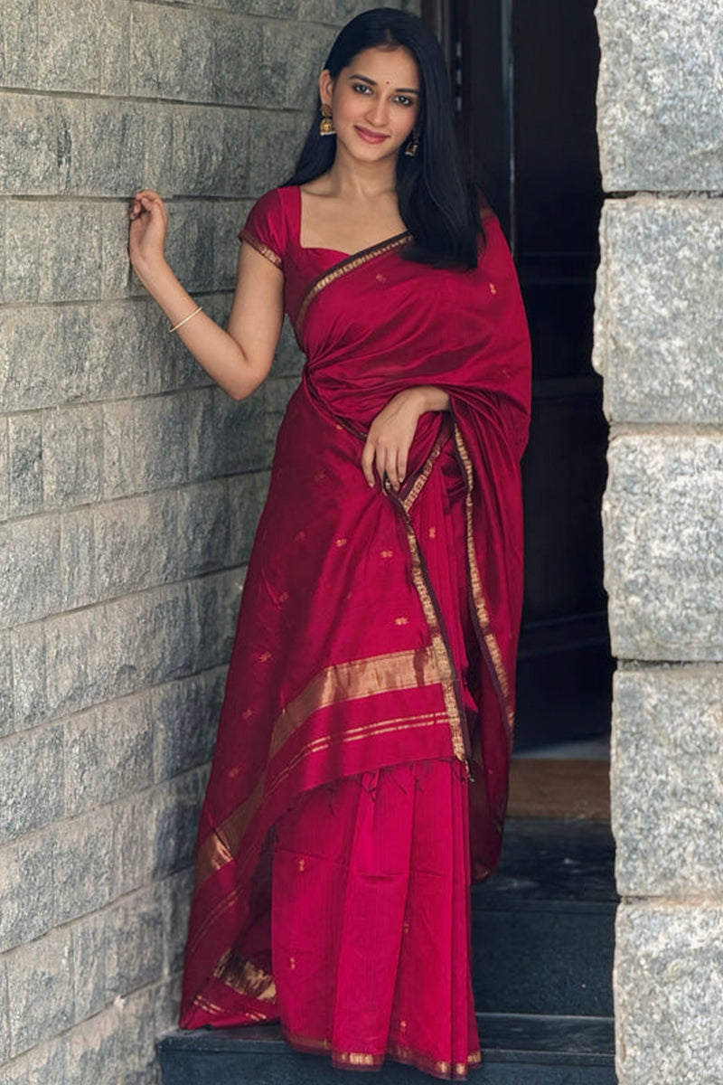 Delectable  Pink Cotton Silk Saree With Artistic Blouse Piece