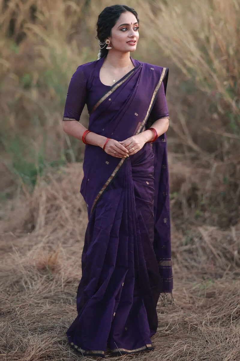 Enamoring Purple Cotton Silk Saree With Profuse Blouse Piece