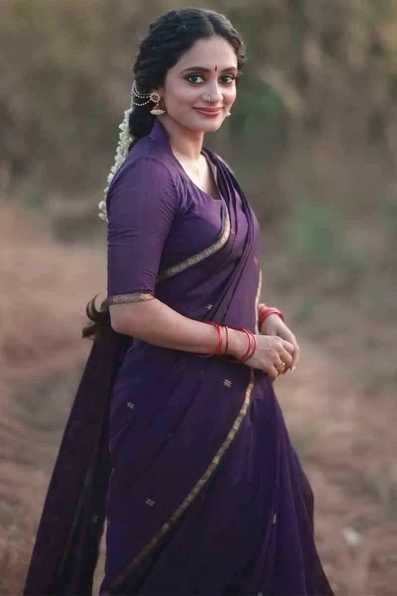 Enamoring Purple Cotton Silk Saree With Profuse Blouse Piece