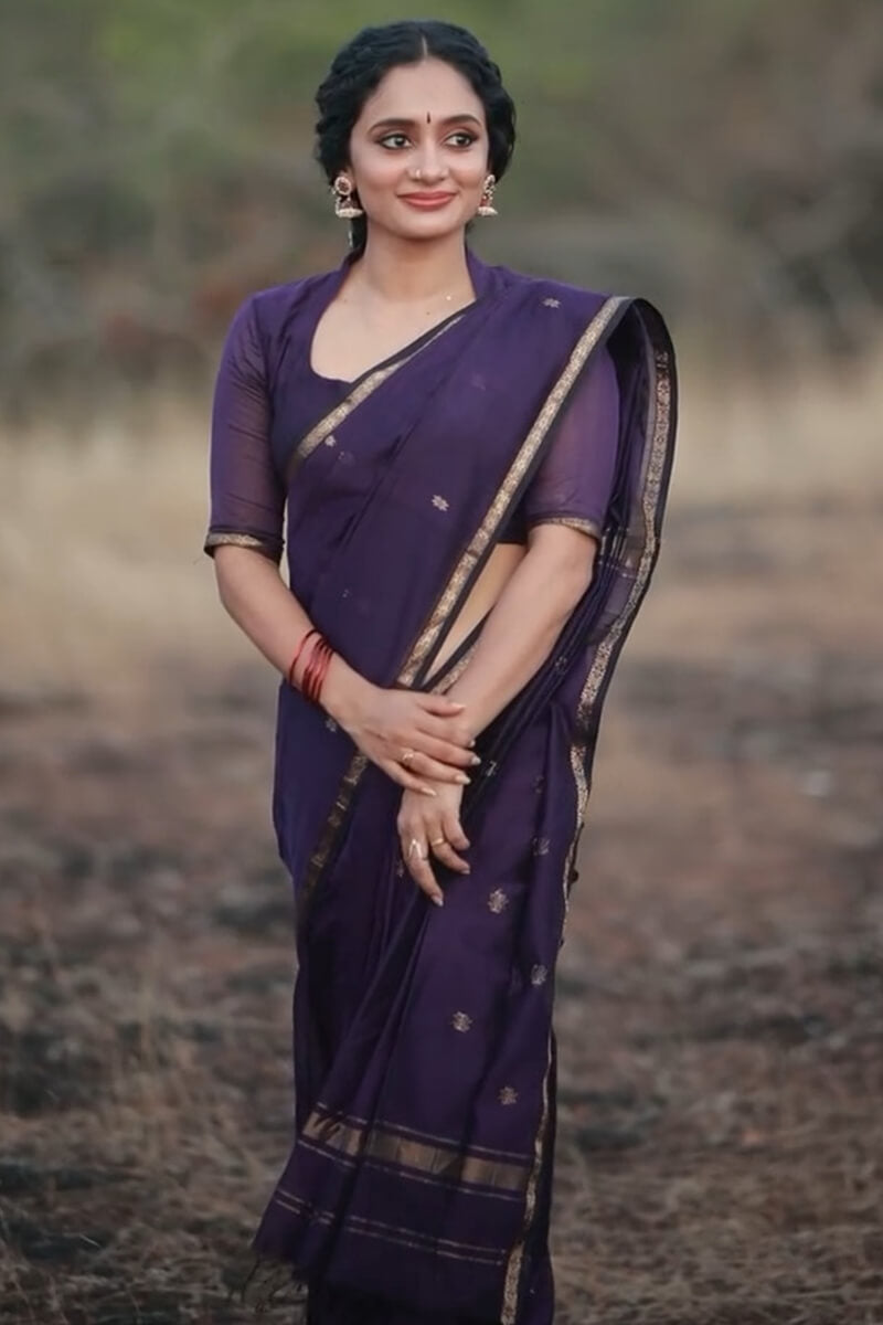 Enamoring Purple Cotton Silk Saree With Profuse Blouse Piece