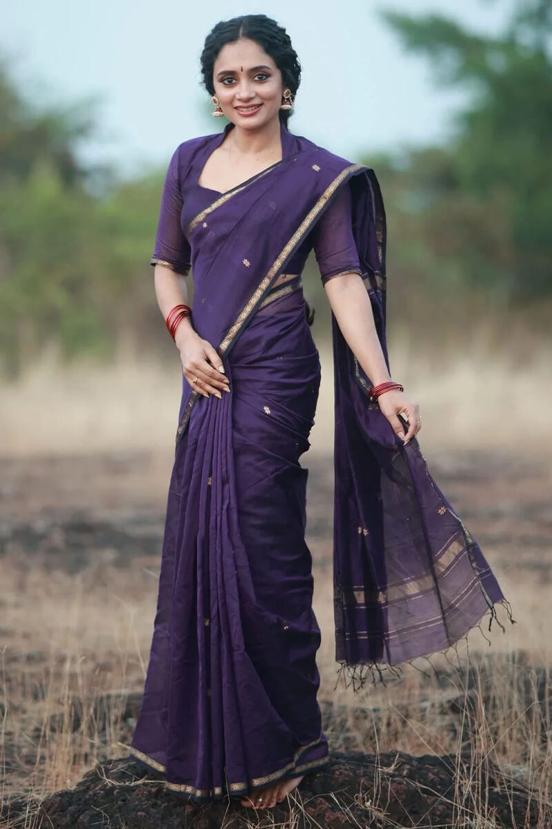 Enamoring Purple Cotton Silk Saree With Profuse Blouse Piece