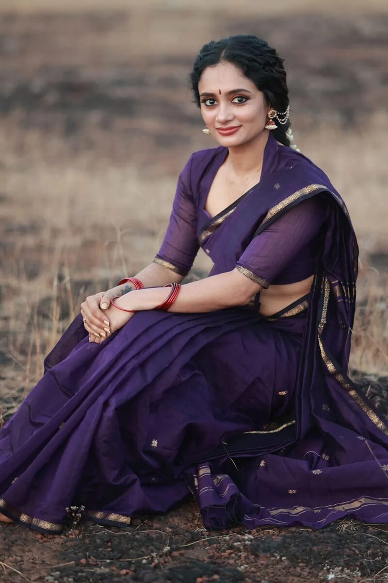 Enamoring Purple Cotton Silk Saree With Profuse Blouse Piece