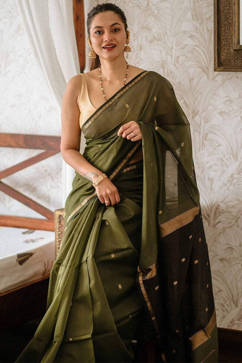 Designer Green Cotton Silk Saree With Fairytale Blouse Piece