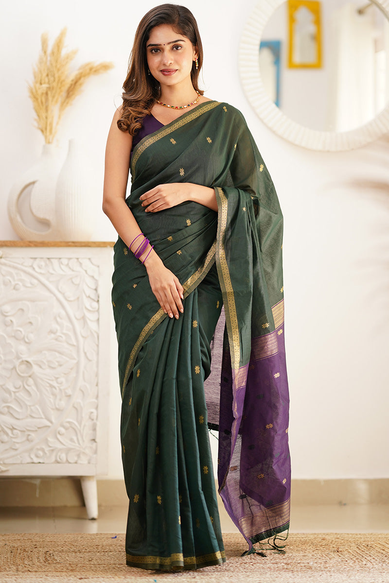 Radiant Extravagant Green Cotton Silk Saree With Effervescent Blouse Piece