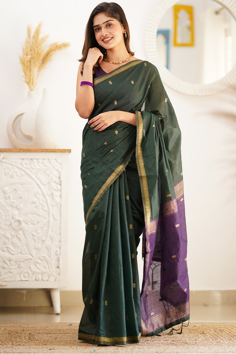 Radiant Extravagant Green Cotton Silk Saree With Effervescent Blouse Piece