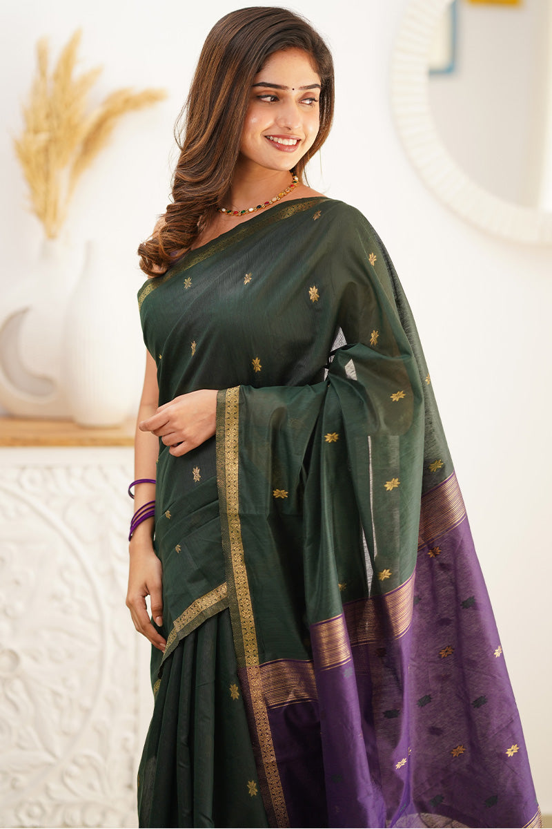 Radiant Extravagant Green Cotton Silk Saree With Effervescent Blouse Piece