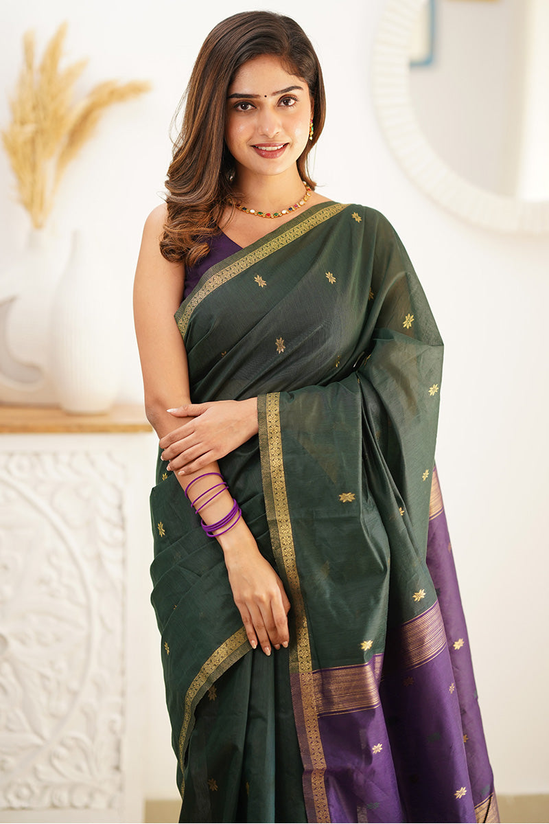 Radiant Extravagant Green Cotton Silk Saree With Effervescent Blouse Piece