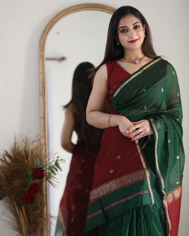 Dazzling Green Cotton Silk Saree With Outstanding Blouse Piece