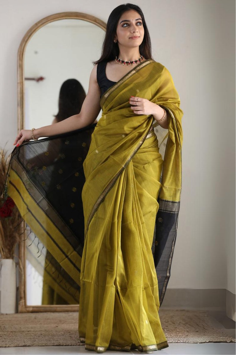 Resonant Mehndi Cotton Silk Saree With Refreshing Blouse Piece