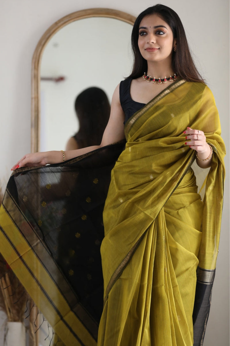 Resonant Mehndi Cotton Silk Saree With Refreshing Blouse Piece