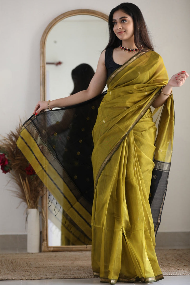 Resonant Mehndi Cotton Silk Saree With Refreshing Blouse Piece