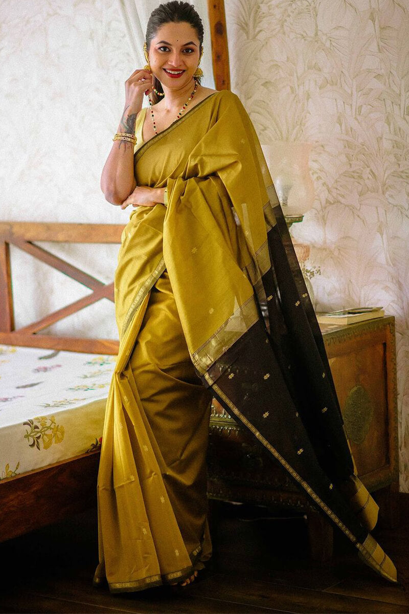 Charming Mustard Cotton Silk Saree With Glorious Blouse Piece