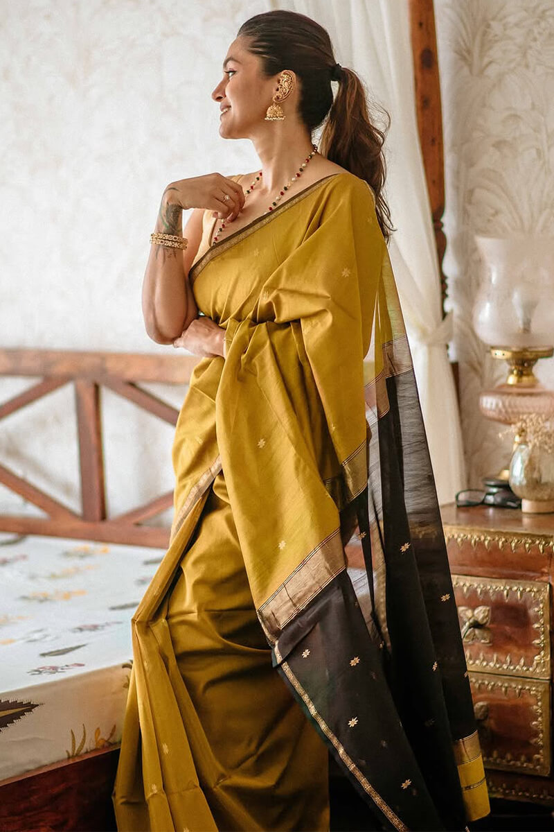 Charming Mustard Cotton Silk Saree With Glorious Blouse Piece