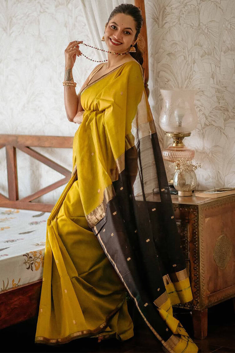 Charming Mustard Cotton Silk Saree With Glorious Blouse Piece