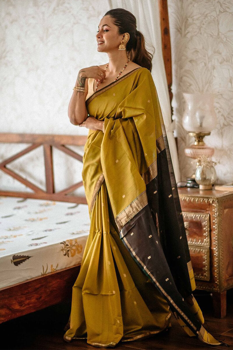 Charming Mustard Cotton Silk Saree With Glorious Blouse Piece