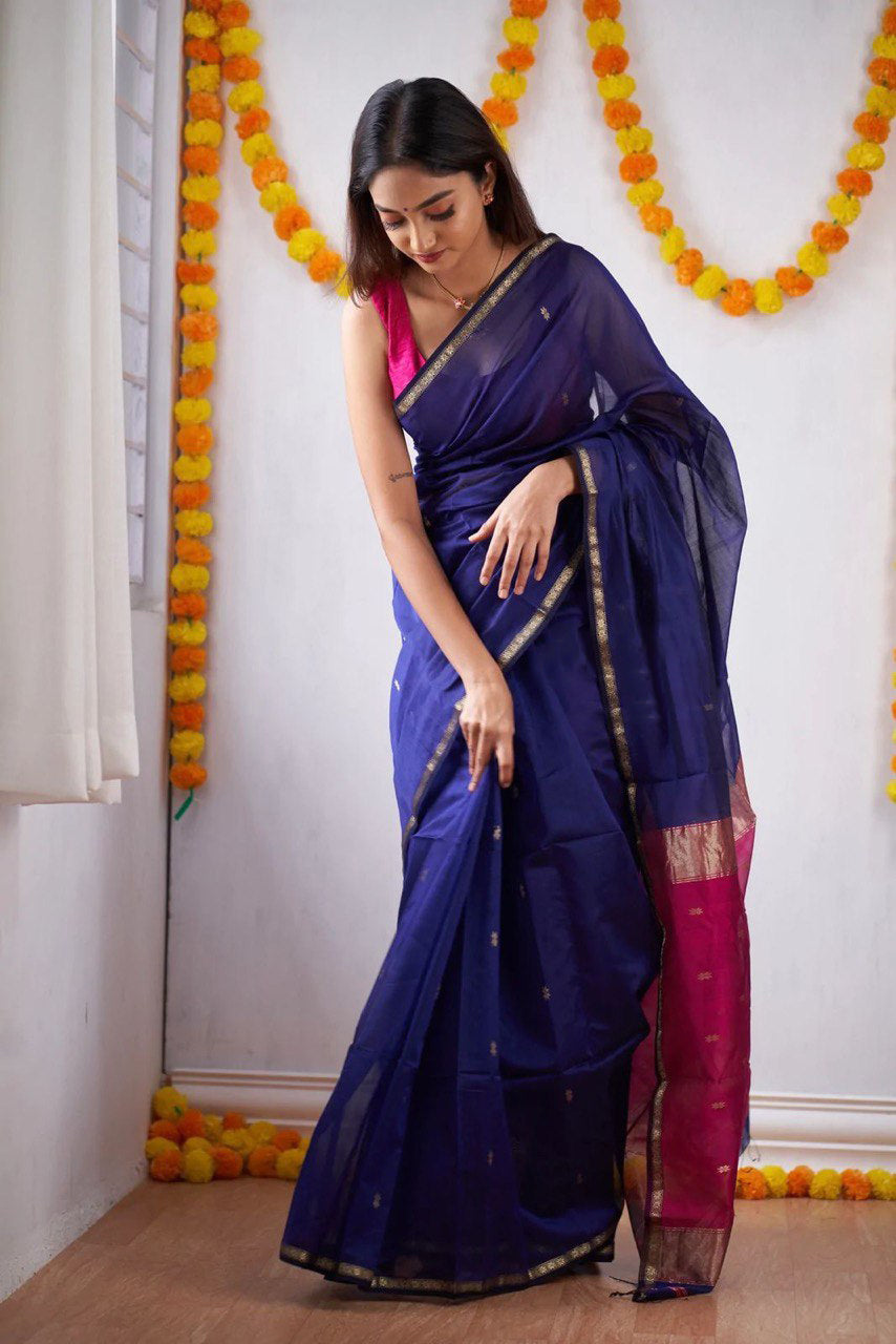 Sophisticated Navy Blue Cotton Silk Saree With Opulent Blouse Piece