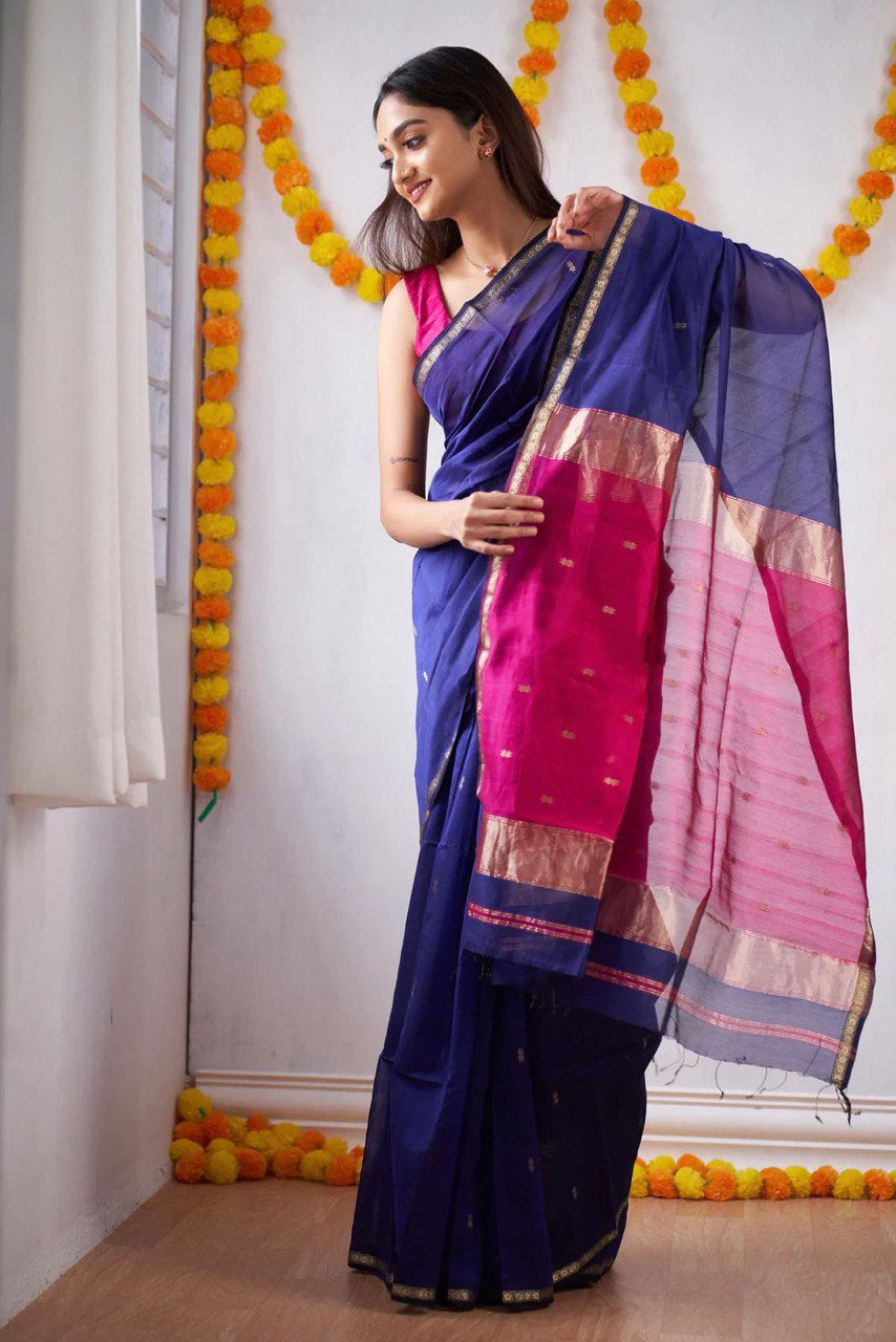 Sophisticated Navy Blue Cotton Silk Saree With Opulent Blouse Piece