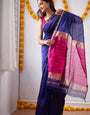 Sophisticated Navy Blue Cotton Silk Saree With Opulent Blouse Piece