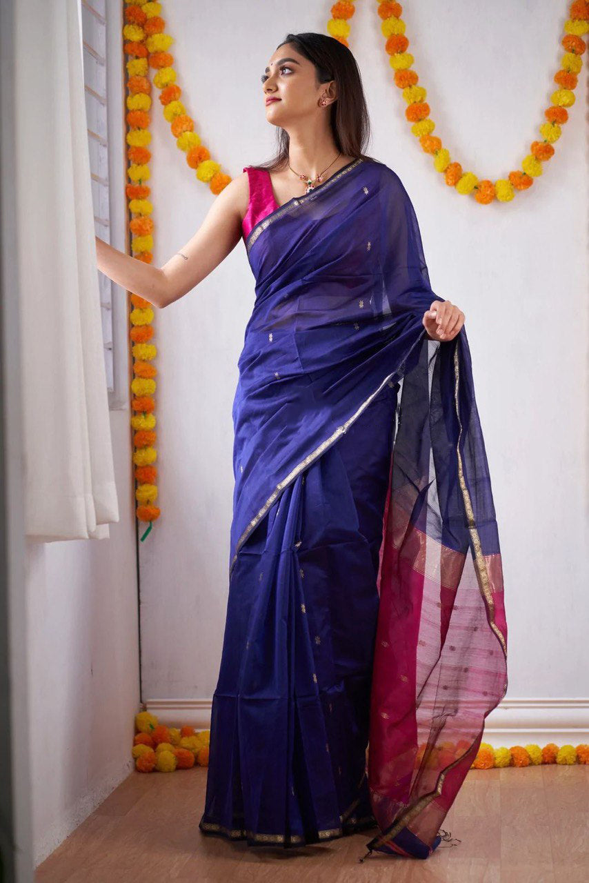 Sophisticated Navy Blue Cotton Silk Saree With Opulent Blouse Piece