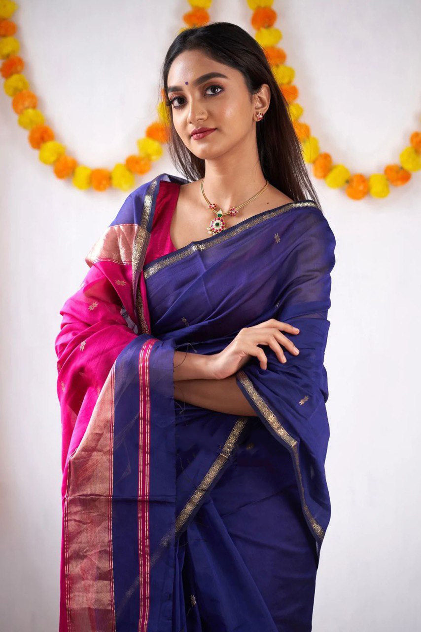 Sophisticated Navy Blue Cotton Silk Saree With Opulent Blouse Piece