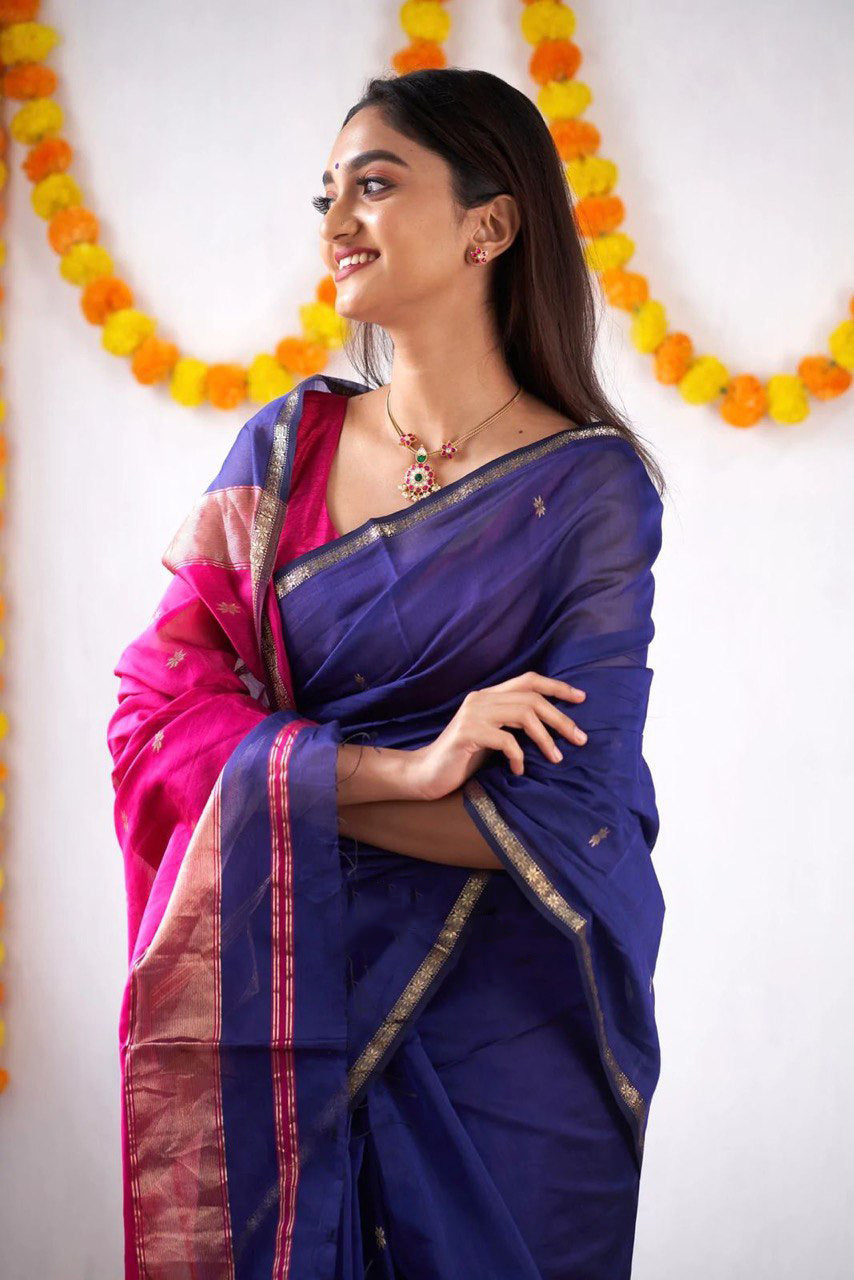 Sophisticated Navy Blue Cotton Silk Saree With Opulent Blouse Piece