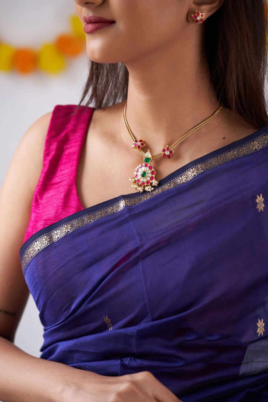 Sophisticated Navy Blue Cotton Silk Saree With Opulent Blouse Piece