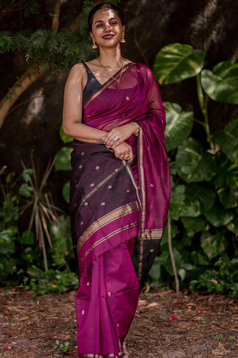 Gleaming Dark Pink Cotton Silk Saree With Groovy Blouse Piece