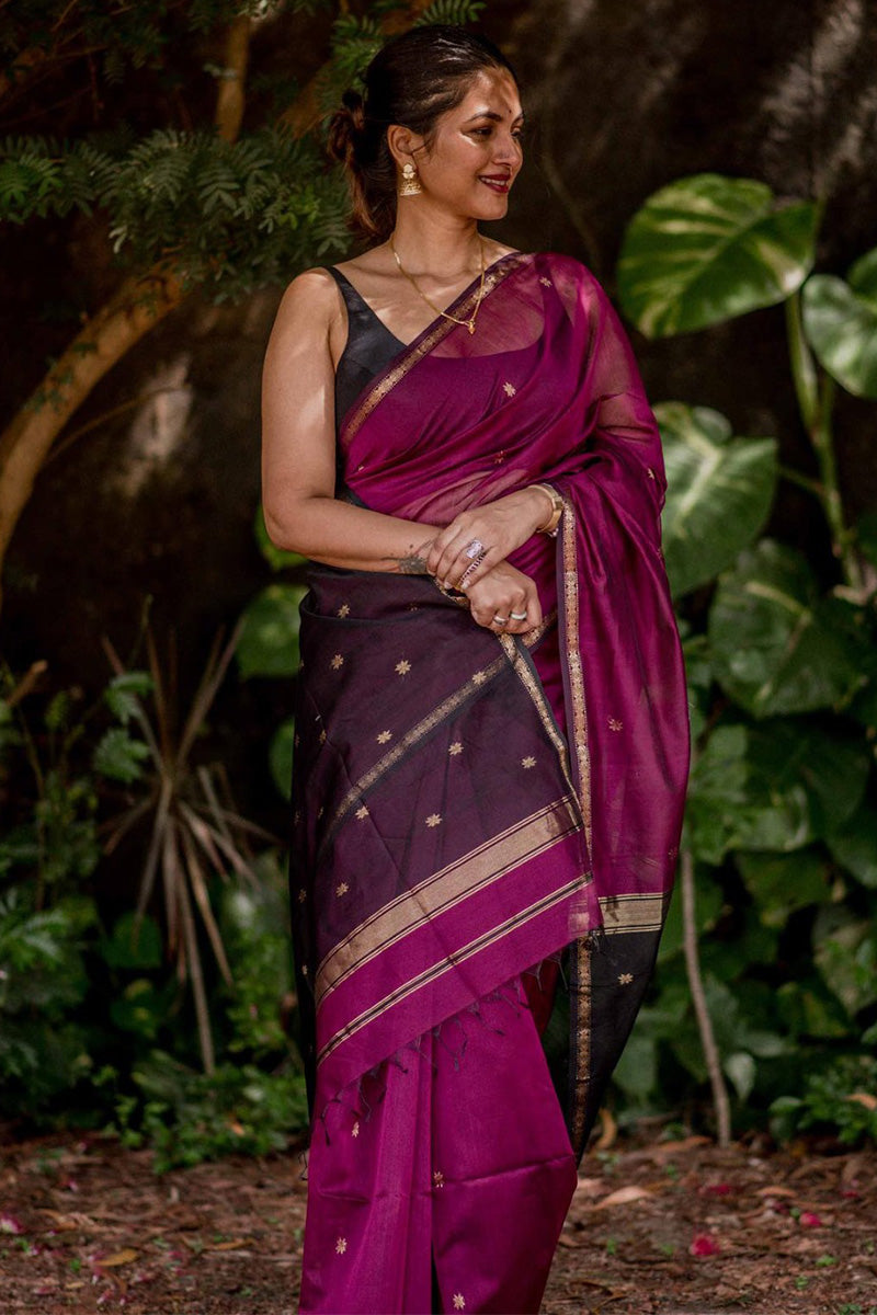 Gleaming Dark Pink Cotton Silk Saree With Groovy Blouse Piece