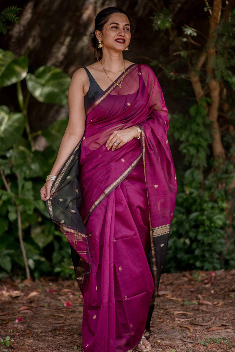 Gleaming Dark Pink Cotton Silk Saree With Groovy Blouse Piece