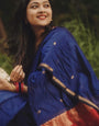 Dazzling Navy Blue Cotton Silk Saree With Elision Blouse Piece