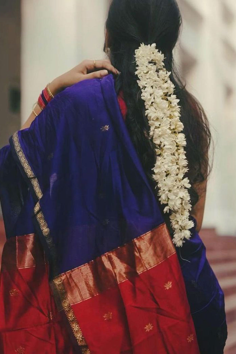 Dazzling Navy Blue Cotton Silk Saree With Elision Blouse Piece