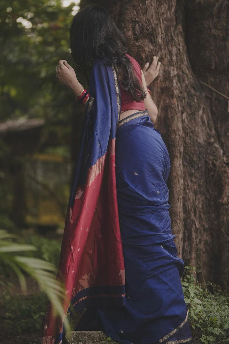 Dazzling Navy Blue Cotton Silk Saree With Elision Blouse Piece