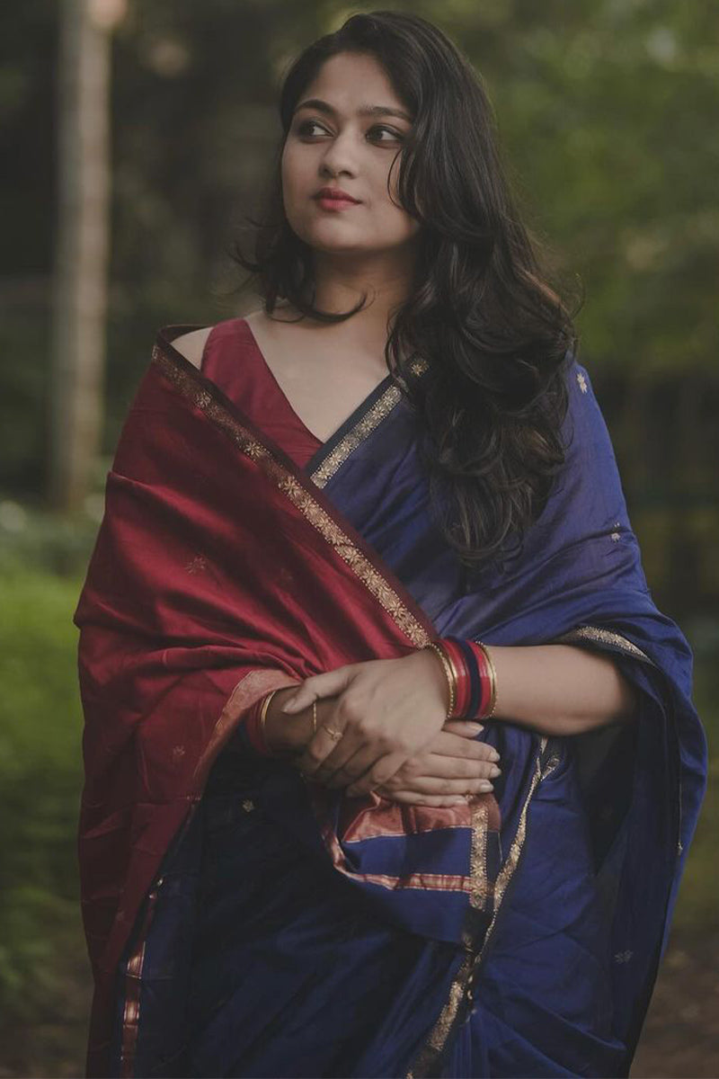 Dazzling Navy Blue Cotton Silk Saree With Elision Blouse Piece