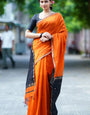 Intricate  Orange Cotton Silk Saree With Staring Blouse Piece