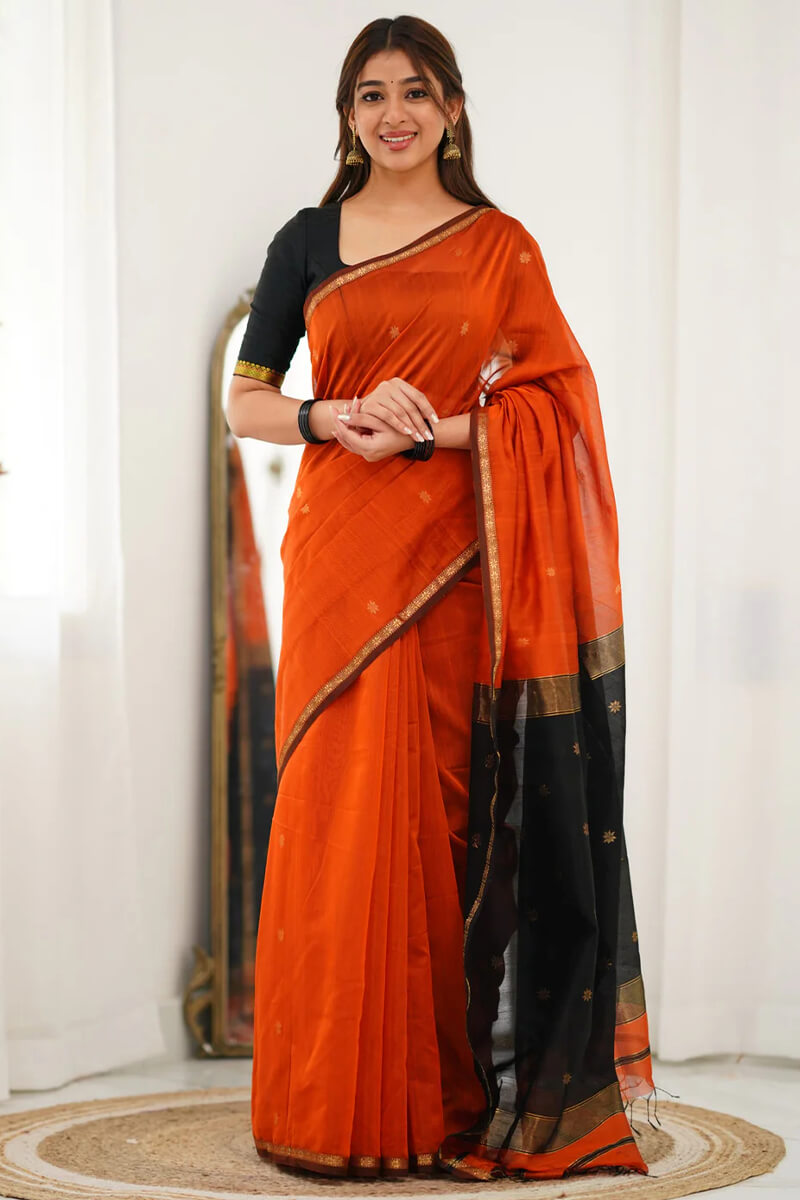 Engaging Orange Cotton Silk Saree With Scintilla Blouse Piece