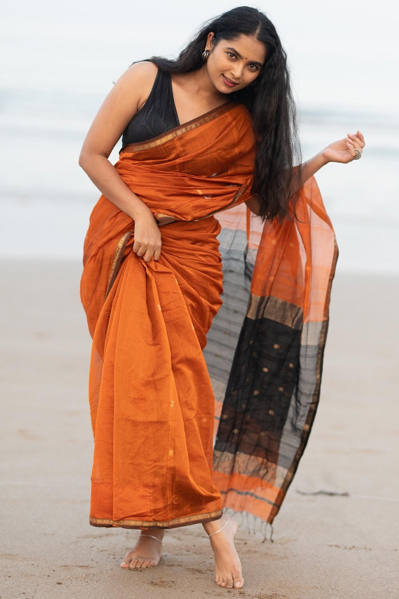 Bewitching Orange Cotton Silk Saree With Quintessential Blouse Piece