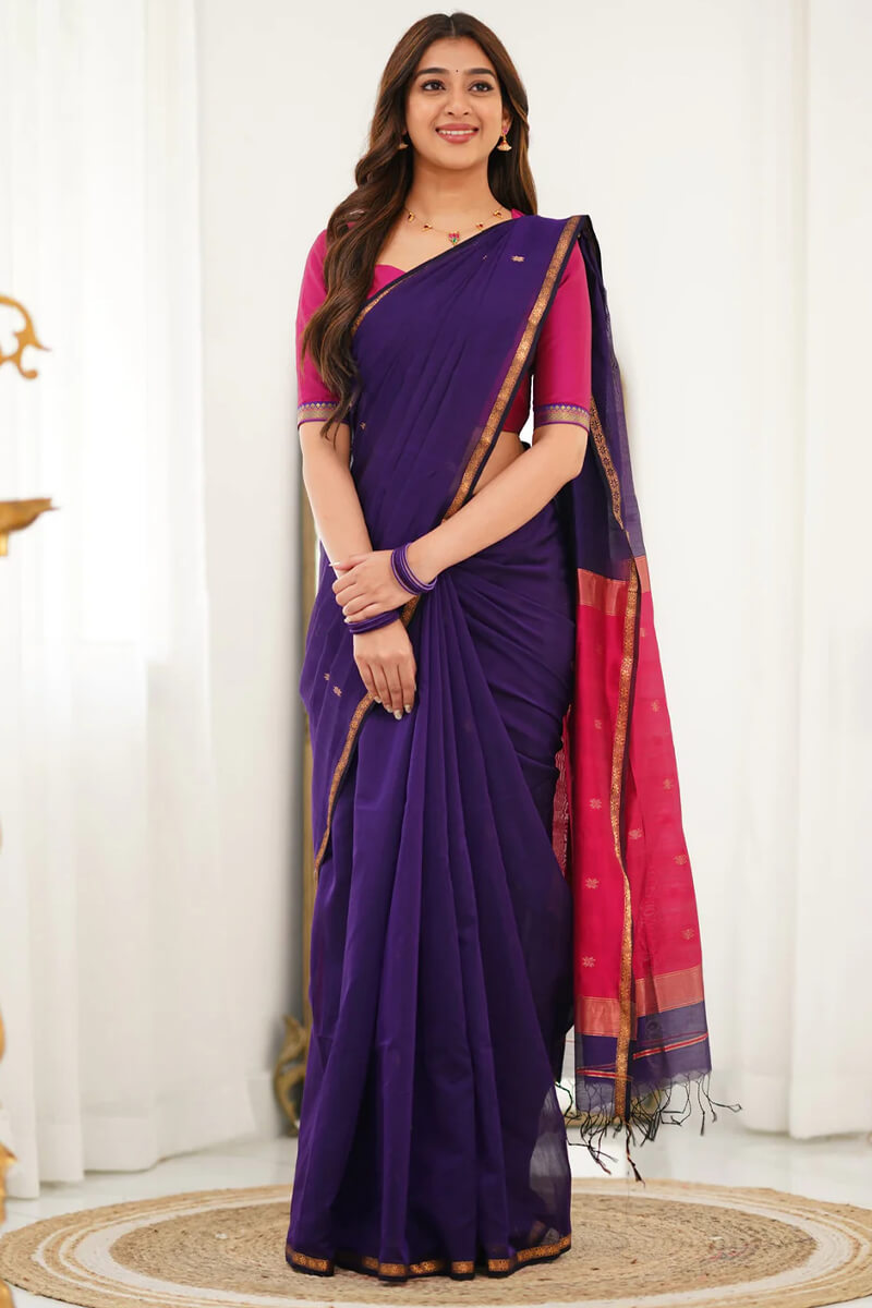 Resonant Purple Cotton Silk Saree With Tantalizing Blouse Piece