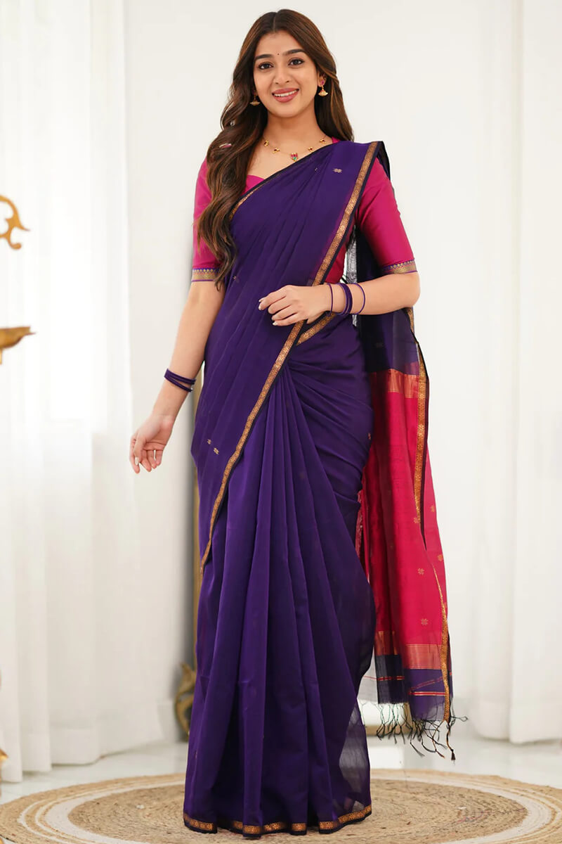 Resonant Purple Cotton Silk Saree With Tantalizing Blouse Piece