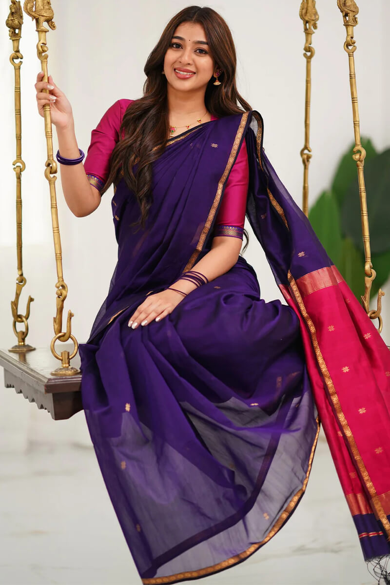 Resonant Purple Cotton Silk Saree With Tantalizing Blouse Piece