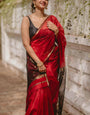 Smashing Red Cotton Silk Saree With Winsome Blouse Piece