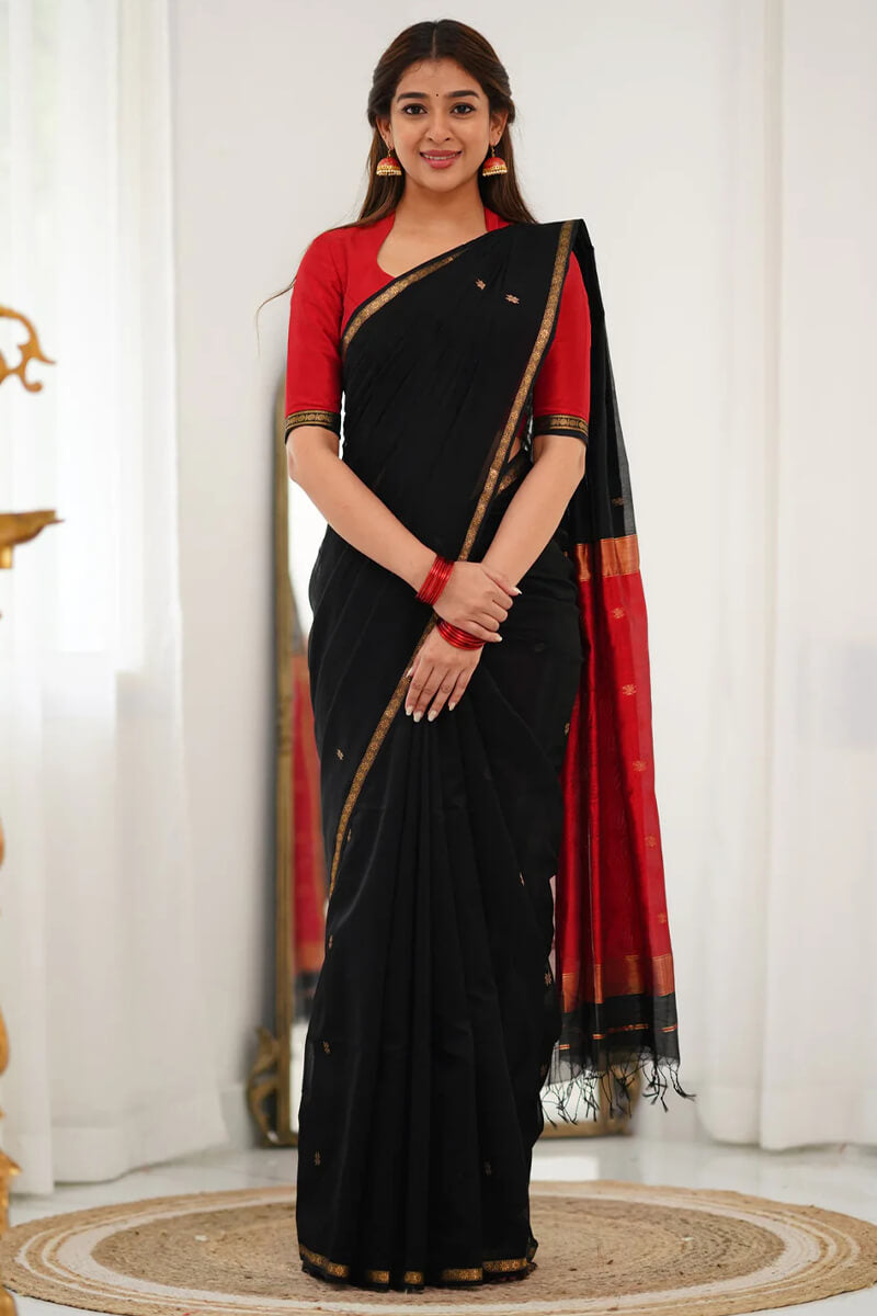 Enchanting Black Cotton Silk Saree With Glittering  Blouse Piece