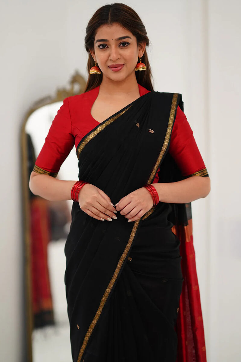 Enchanting Black Cotton Silk Saree With Glittering  Blouse Piece