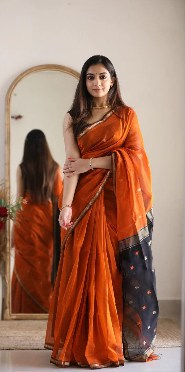 Splendiferous Orange Cotton Silk Saree With Ornate Blouse Piece