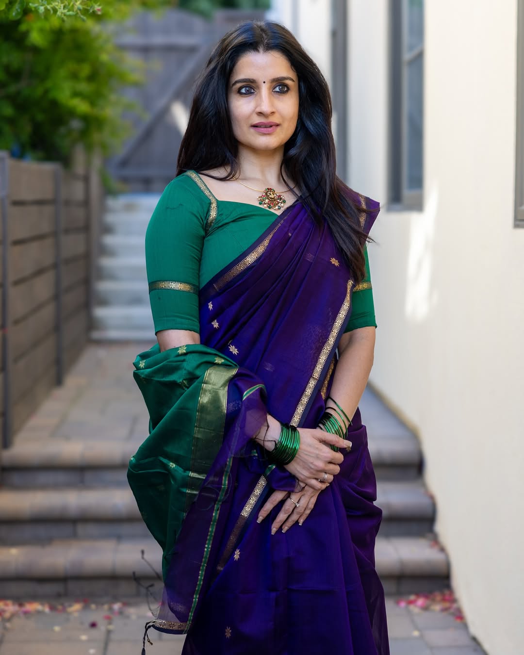 Scintillating Purple Green Cotton Silk Saree With Exuberant Blouse Piece