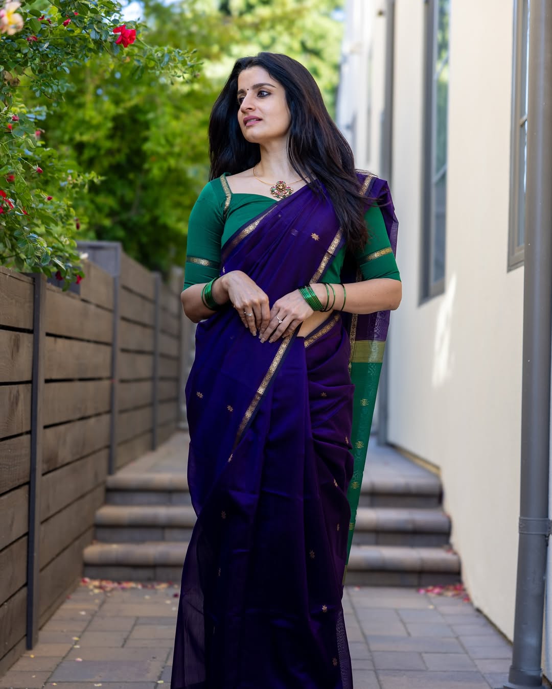 Scintillating Purple Green Cotton Silk Saree With Exuberant Blouse Piece