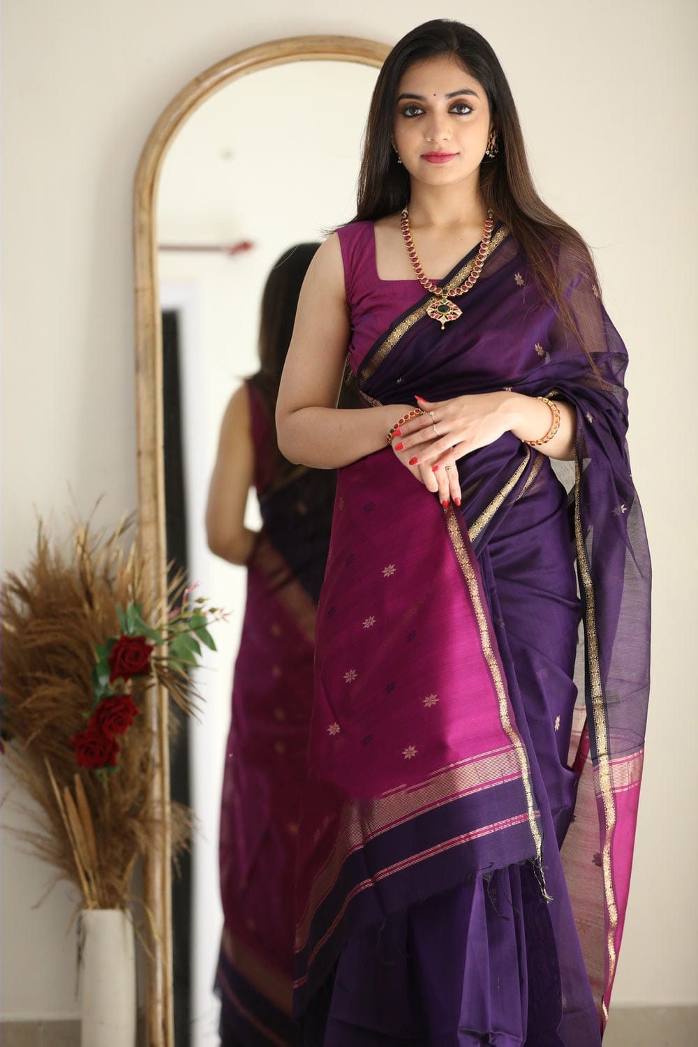 Marvellous Purple Cotton Silk Saree With Enamoring Blouse Piece