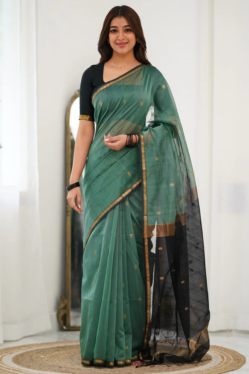 Desultory Sea GreenCotton Silk Saree With Comely Blouse Piece